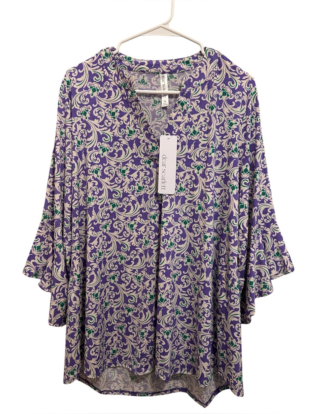 Dear Scarlett Lizzy Purple Floral Scroll Tunic with Cream & Green Accents
